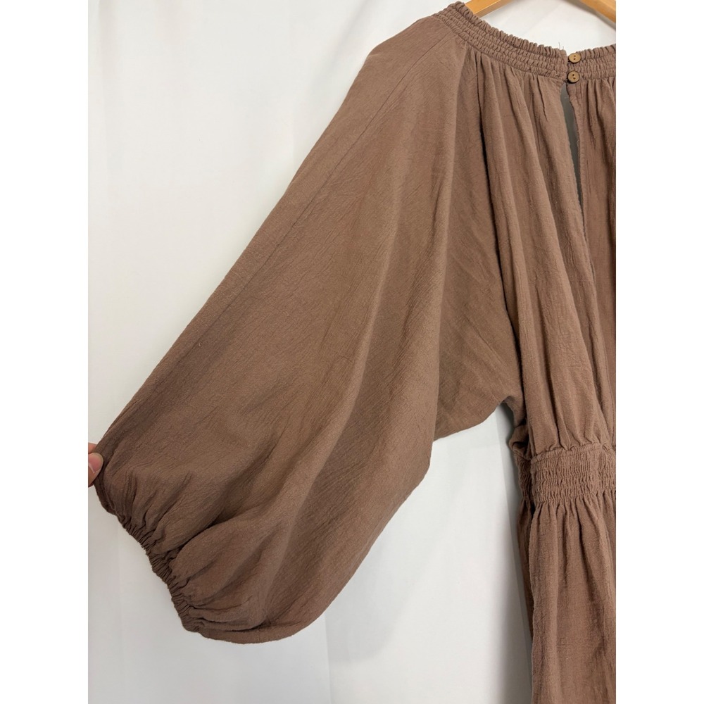 Free People 100 Degree Mini Dress Mocha Brown Smocked V-Neck Gauze Boho Large - Picture 9 of 11